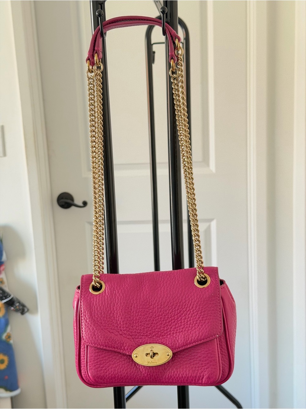 Mulberry Pink Mini Darley Pebbled Leather Crossbody with Gold Chain